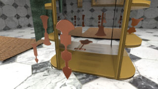 Ein Spiegelschrank mit dekorativen Kupferelementen auf einem sechseckigen Fliesenboden, der Reflexionen und nahegelegene strukturierte Matten zeigt.