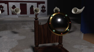 Auf einem Steinboden steht ein Holzstuhl mit einem runden Spiegel mit Metallrand. In der Nähe schweben vier weiße Hörner, im Hintergrund ist ein Steingebäude zu sehen.