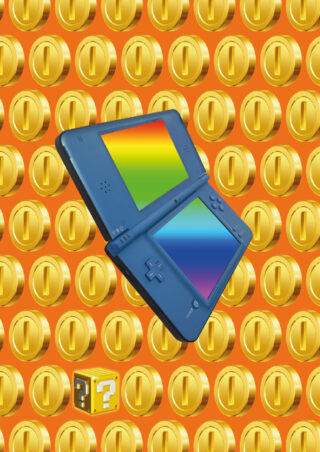 In der Mitte ist eine blaue Handheld-Spielkonsole mit Regenbogenbildschirmen auf einem Hintergrund aus Goldmünzen und einem einzelnen Fragezeichenfeld abgebildet.