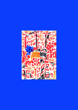 Abstrakte Zeichnung von roten, orangefarbenen und schwarzen Gebäuden mit einigen blauen Formen vor einem einfarbig blauen Hintergrund.