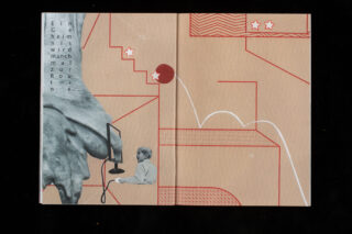 Eine Collage mit abstrakten roten und weißen Linien, einem Vintage-Foto eines Kindes, das auf einen Bildschirm schaut, einer Pferdestatue, deutschem Text und dekorativen roten Sternen auf braunem Hintergrund.