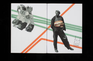 Eine Collage mit einem Mann im Vintage-Stil, der ein großes Sandwich hält, sich kreuzenden farbigen Linien und einem maschinenähnlichen Objekt auf weißem Hintergrund mit deutschem Text.