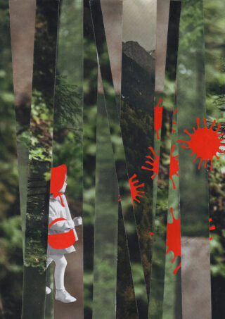 Eine Collage aus vertikalen Waldstreifen mit einer kleinen Figur in Rot und Weiß auf der linken Seite und roten, virusartigen Formen, die auf der rechten Seite verstreut sind. Im Hintergrund sind Berge zu sehen.