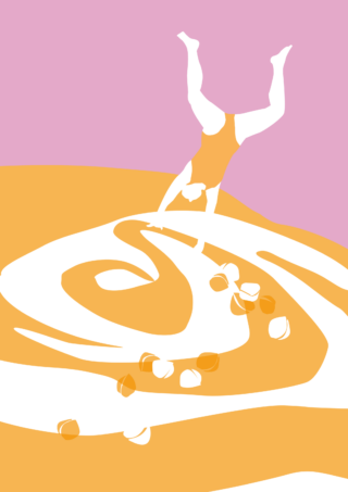 Eine stilisierte Illustration einer Person, die auf einem abstrakten Wirbel aus Orange und Weiß einen Handstand macht, mit kleinen orangefarbenen Objekten, die überall verstreut sind, vor einem rosa Hintergrund.
