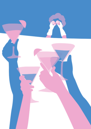 Abbildung: fünf Hände, die Cocktails zu einem Toast erheben, während im Hintergrund eine Person mit einem Fernglas aus der Ferne zusieht.