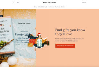 Links zwei Schokoriegelpackungen und Weihnachtsdekorationen; rechts eine Werbebotschaft mit einem „Shop the Gift of Delish Guide“-Button, die zum Kauf von Geschenken bei Bean and Goose auffordert.