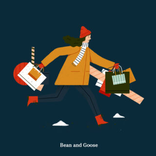 Illustration einer Person in Winterkleidung, die vor einem dunklen Hintergrund rennt und dabei mehrere Einkaufstüten und Pakete trägt.