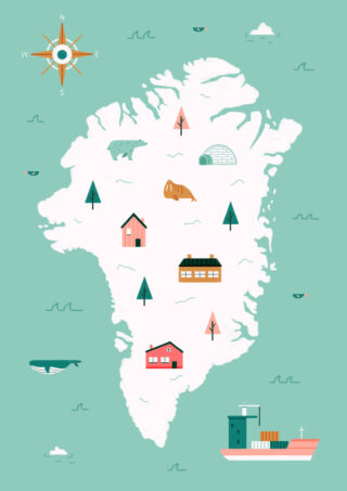 Illustrierte Karte von Grönland mit Häusern, Bäumen, Tieren, einem Iglu, einem Schiff, kleinen Inseln, einer Kompassrose und verstreuten Eisbergen im umliegenden Meer.