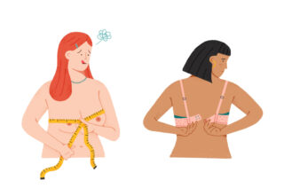 Dargestellt sind zwei Frauen; die eine misst ihre Oberweite mit einem Maßband, während die andere von hinten den Verschluss ihres BHs zurechtrückt.