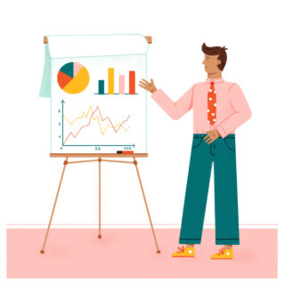 Ein Mann in einem rosa Hemd und einer Krawatte steht neben einem Flipchart, auf dem Daten in Form eines Kreisdiagramms, eines Balkendiagramms und eines Liniendiagramms angezeigt werden.