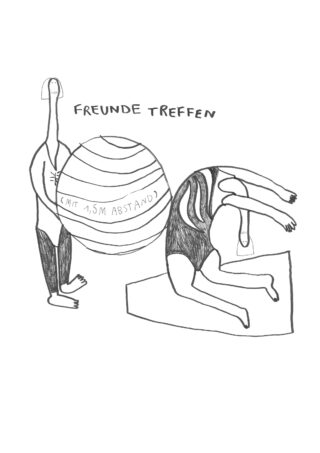 Zwei abstrakte, längliche Figuren stehen und beugen sich neben einem großen gestreiften Ball mit der Aufschrift „1,5 m Abstand“ und dem Text „Freunde treffen“ über ihnen.