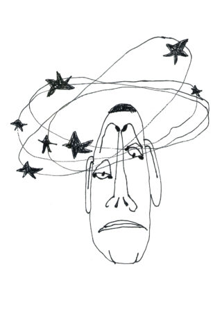 Eine einfache Strichzeichnung eines Gesichts mit einem großen Ring und Sternen, die um den Kopf kreisen und einem cartoonhaften, schwindelerregenden oder nachdenklichen Gesichtsausdruck ähneln.