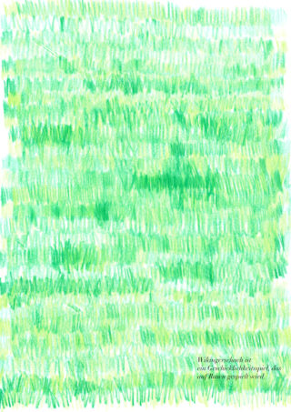 Ein mit Buntstiften skizziertes Feld aus grünem Gras; in der unteren rechten Ecke befindet sich ein kleiner Block mit deutschem Text.