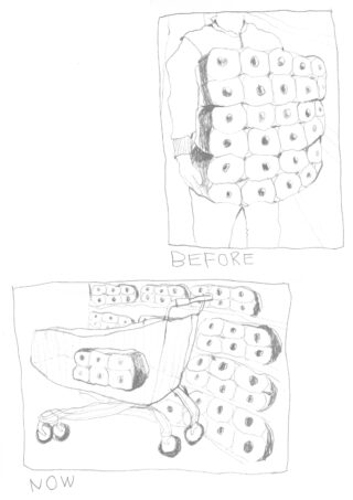 Zwei Bleistiftskizzen vergleichen einen mit Toilettenpapierrollen und der Aufschrift „VORHER“ bedeckten Oberkörper und einen mit Toilettenpapierrollen und der Aufschrift „JETZT“ bedeckten Bürostuhl.