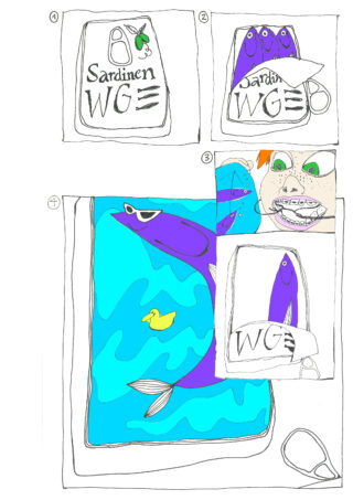 Ein Comic mit vier Bildern: Eine Sardinenbüchse wird geöffnet und gibt den Blick auf lebende Fische frei; einer entkommt mit einer Spielzeugente ins Wasser; ein Kind sieht dies beim Essen; der Fisch hält das Dosenetikett fest, während er davonschwimmt.