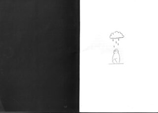 Eine einfache Strichzeichnung einer Person, die unter einer kleinen Regenwolke steht, während es regnet, auf einer größtenteils leeren weißen Seite neben einer komplett schwarzen Seite.