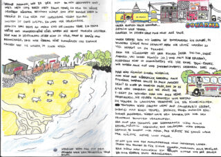 Eine handgezeichnete und handgeschriebene Reisetagebuchseite mit Skizzen eines Strandes mit Kühen, einem Bus, Gebäuden und einem Text auf Deutsch, der eine Reise nach Gokarna beschreibt.