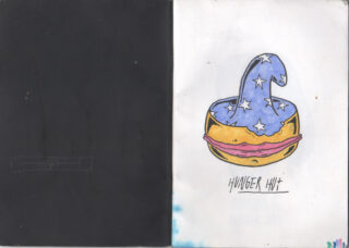 Eine Zeichnung eines Hamburgers mit einem blauen Zauberhut, der mit Sternen bedeckt ist. Unter der Illustration steht der Schriftzug „HUNGER HAT“.
