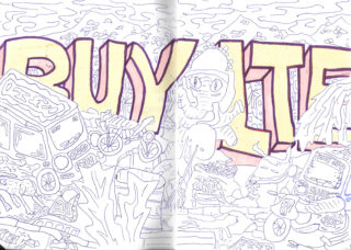 Große Blockbuchstaben mit der Aufschrift „BUY IT“ sind von handgezeichneten Objekten und Abfällen umgeben, darunter Autos, Fahrräder, ein Frosch und eine Person mit Brille, die alle auf Millimeterpapier skizziert sind.
