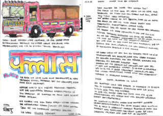 Auf der linken Seite sind ein farbenfroher, handgezeichneter Lastwagen mit der Aufschrift „SANJEEVNI“ und großem, stilisiertem Hindi-Text zu sehen, während die rechte Seite mit handgeschriebenem deutschen Text und Gedichten gefüllt ist.