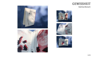 Fünf Fotos zeigen eine Broschüre mit dem Titel „GEWISSHEIT“ von Katrina Bronsch, deren Seiten abstrakte Zeichnungen, handschriftliche Notizen und rot-schwarze Aquarellkunst enthalten.