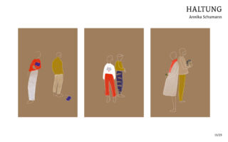 Drei minimalistische Illustrationen zeigen Paare von Menschen, die vor braunem Hintergrund stehen und miteinander interagieren, wobei sich die Paare mit subtilen sozialen Gesten gegenüberstehen.