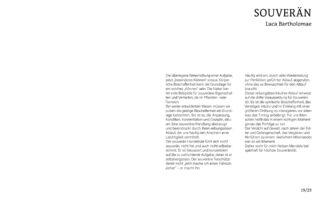 Ein doppelseitiges Buch in deutscher Sprache mit schwarzem Text auf weißem Hintergrund. Der Titel auf der rechten Seite lautet „SOUVERÄN Luca Bartholomae“, der Haupttext befindet sich auf der linken Seite. Die Seitenzahl 19/23 befindet sich unten.