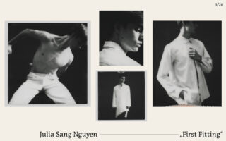 Eine Collage aus vier Schwarzweißfotos zeigt eine Person in verschiedenen Posen, darunter in Bewegung, Nahaufnahme und mit weißem Hemd oder Jackett. Der Text lautet: „Julia Sang Nguyen ‚Erste Anprobe‘“.