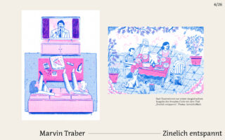 Zwei Abbildungen: Eine zeigt zwei Personen, die auf einem Sofa entspannen und fernsehen, die andere eine Gruppe, die im Freien speist. Beide verwenden ein blau-rosa Farbschema. Deutscher Text ist sichtbar.