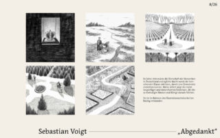 Sechs Schwarzweißillustrationen zeigen verschiedene Landschaften und Szenen, begleitet von einem deutschen Text über das Ende der Monarchie und den Aufstieg der Demokratie in Deutschland im Jahr 1918.