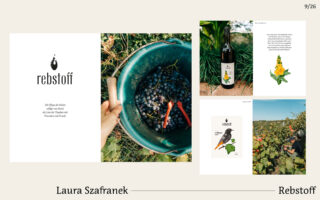 Eine Collage, die eine Weinmarke namens „Rebstoff“ zeigt, einschließlich einer Weinleseszene, einer Weinflasche, einem illustrierten Vogel, einer gelben Blume und Texttafeln in einem klaren Layout.