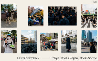 Eine Collage aus Fotos, die Menschen in Tokio zeigen, darunter Kinder mit gelben Hüten, Straßenszenen, eine maskierte Frau mit Essen, eine Menschenmenge bei einem Tempel und Stadtgebäude bei unterschiedlichem Wetter.