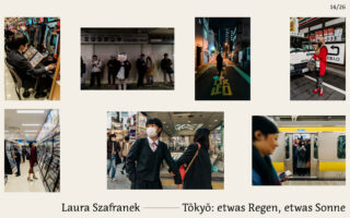 Eine Collage aus spontanen Straßenfotos aus Tokio, die Menschen in verschiedenen städtischen Umgebungen zeigen, einige davon mit Masken, mit Szenen sowohl drinnen als auch draußen, bei Tag und bei Nacht.