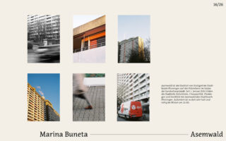 Ein Raster aus sechs Fotos zeigt Stadtarchitektur, einen Fußgänger, einen roten Lieferwagen und Wohnhäuser. Der deutsche Text rechts informiert über den Stuttgarter Stadtteil Asemwald.