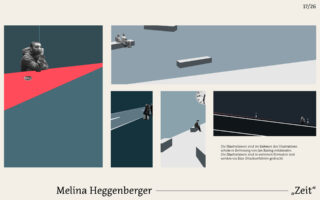 Eine Reihe minimalistischer digitaler Illustrationen zeigt isolierte Figuren in geometrischen Räumen mit scharfen Linien und Schatten, begleitet von deutschem Text und einer Uhr.