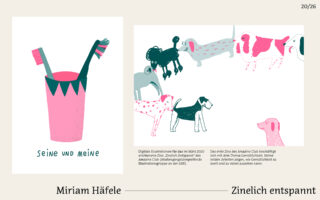 Abbildung von zwei Zahnbürsten in einem Becher mit der Aufschrift „Seine und meine“ und sechs stilisierten Hunden in verschiedenen Posen, mit Grafiktext und Künstlerinformationen darunter.