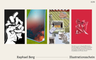Es werden vier verschiedene digitale Illustrationen in einer Reihe angezeigt, jede mit einem einzigartigen künstlerischen Stil und Thema, darunter ein beschreibender deutscher Text.