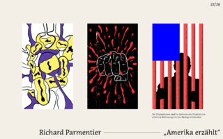 Drei stilisierte Illustrationen: abstrakte gelbe Figuren links, eine geballte Faust mit roten Spritzern in der Mitte und ein blaues Quadrat über roten und weißen Streifen rechts.