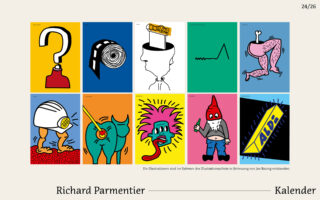 Ein Raster aus zehn farbenfrohen, abstrakten Illustrationen mit verschiedenen surrealen und skurrilen Zeichnungen, darunter ein Fragezeichen, ein Gnom und fantasievolle Figuren.