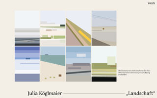 Ein Raster aus acht abstrakten, minimalistischen Landschaftsillustrationen in gedeckten Farben, begleitet vom Text „Julia Köglmaier ‚Landschaft‘“ am unteren Rand.