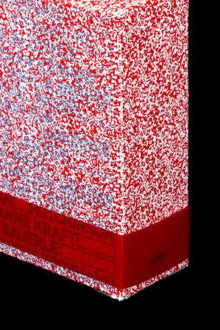 Ein dickes Buch mit einem rot-weißen, pixeligen Coverdesign und einem durchgehenden roten Band am unteren Rand, auf dem teilweise sichtbare Namen in roter Schrift stehen.