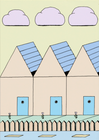 Eine Reihe von drei beigen Häusern mit blauen Türen und schrägen blauen Dächern, einem Holzzaun, kleinen Blumen und drei rosa Wolken am Himmel.