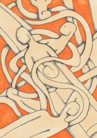 Abstrakte Illustration ineinander verschlungener, gesichtsloser, menschenähnlicher Figuren in Beigetönen auf orangefarbenem Hintergrund mit kräftigen schwarzen Umrissen.