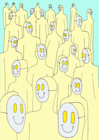 Eine Gruppe gesichtsloser Figuren mit gelben, lächelnden Gesichtern und leeren Augen, die dicht beieinander vor einem hellblauen Hintergrund stehen.