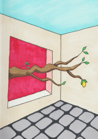 Ein Ast mit Blättern und zwei gelben Früchten wächst durch ein offenes Fenster in einen Raum mit gefliestem Boden und roter Innenwand.