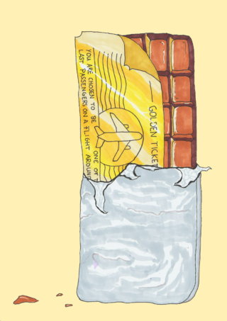 Hinter einer ausgepackten Tafel Schokolade verbirgt sich ein goldenes Ticket mit einem Flugzeugsymbol und der Nachricht: „Sie sind ausgewählt, einer der letzten Passagiere auf einem Flug um …“.