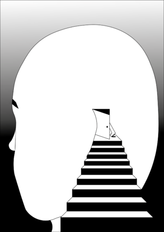 Eine minimalistische Illustration eines menschlichen Kopfes im Profil mit einer Treppe, die zu einer offenen Tür an der Rückseite des Kopfes führt, vor einem Hintergrund mit Farbverlauf.