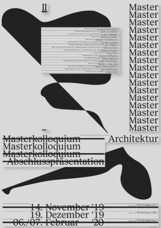 Schwarze abstrakte Formen überlagern auf grauem Hintergrund den deutschen und englischen Text mit den Namen „Master Architektur“ und den Veranstaltungsdaten Ende 2019 und Anfang 2020.