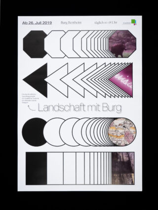 Plakat mit geometrischen schwarzen Formen, teilweisen Landschaftsbildern und dem deutschen Text „Landschaft mit Burg“ zur Werbung für eine Veranstaltung auf Burg Bentheim, die am 26. Juli 2019 beginnt.