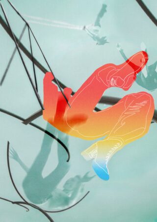 Eine stilisierte Figur mit roten und orangefarbenen Umrissen schwingt kopfüber vor einem hellblauen Hintergrund mit verschwommenen Schatten anderer schwingender Figuren.